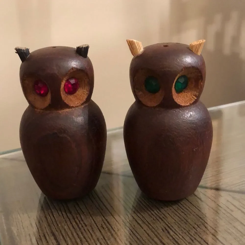 Vintage 1970’s Wooden Owl Salt & Pepper Shakers